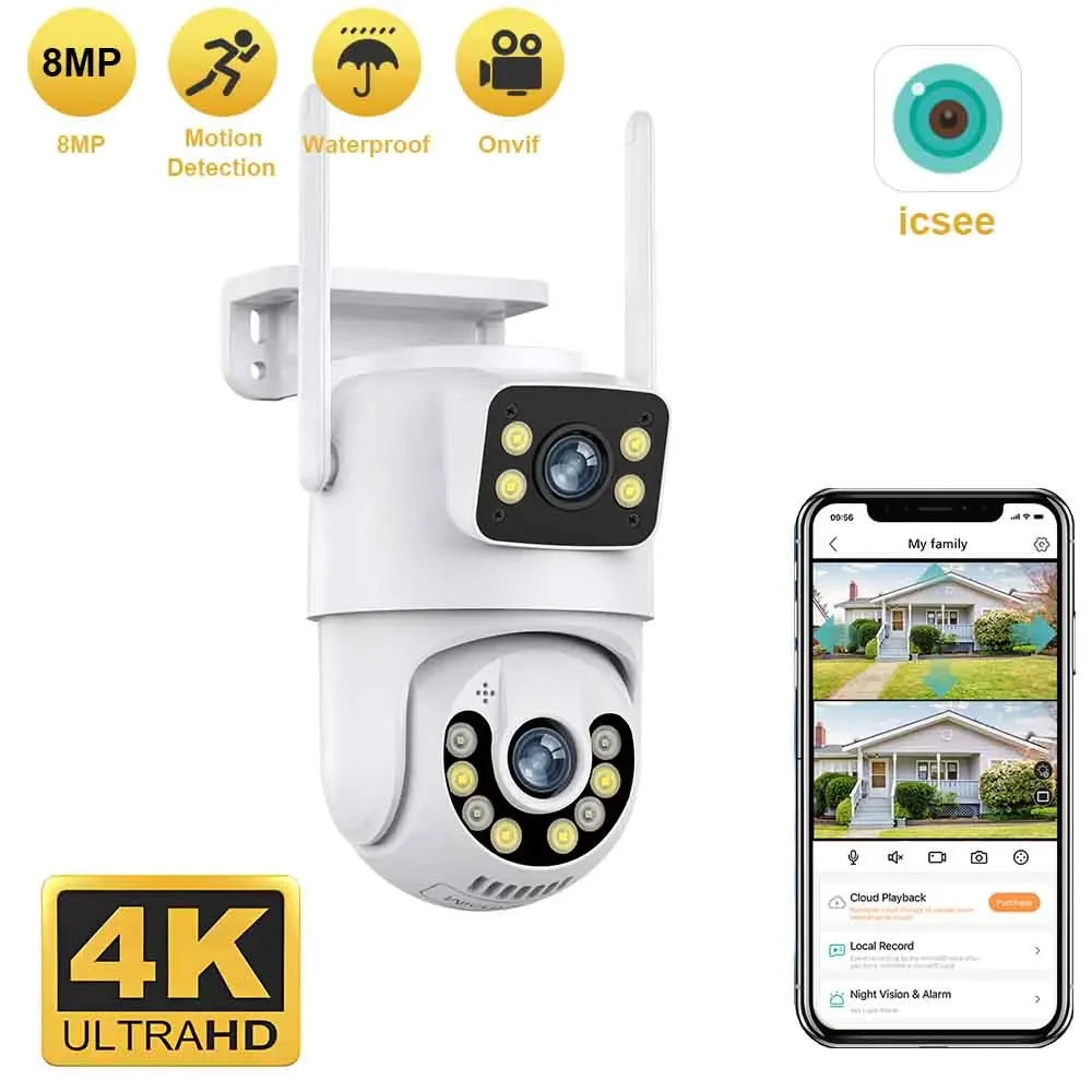 Outdoor Wireless Security IP Camera 4K 8MP HD Dual Lens External Wifi PTZ Camera Auto Tracking Street Surveillance Camera iCsee