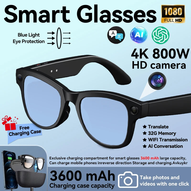 2026 AI Smart Glasses with 8MP Camera Video Recording 120+ Languages Translation Sunglasses Bluetooth Call Music Play Men Women