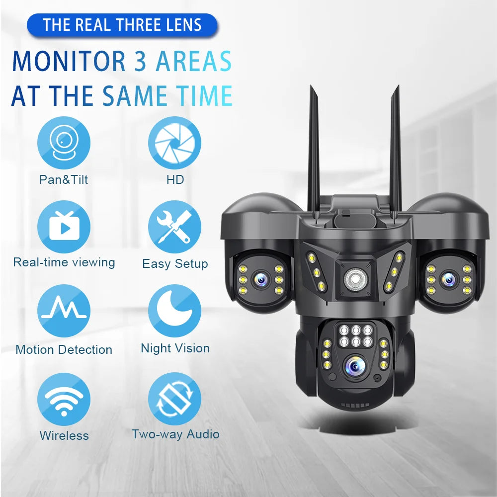 V380 Pro WiFi IP Camera Outdoor 15MP 8K Triple Lenses Triple Screens Security Video Monitor Night Vision Waterproof CCTV Cameras