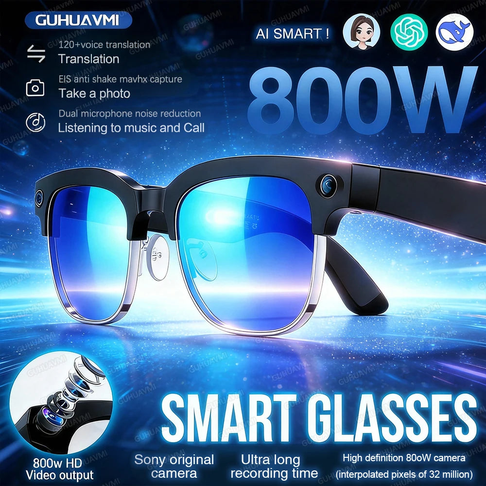 2026 AI Smart Glasses Men with 800W HD Camera Real-time Voice Translation & Call POV Video Recording Smart Eyewear Travel/Vlog