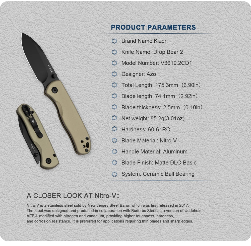 Kizer Pocket Folding Knife Drop Bear 2 V3619.2C Aluminum/Micarta/Richlite Handle With NitroV Blade Outdoor EDC Camping Knives