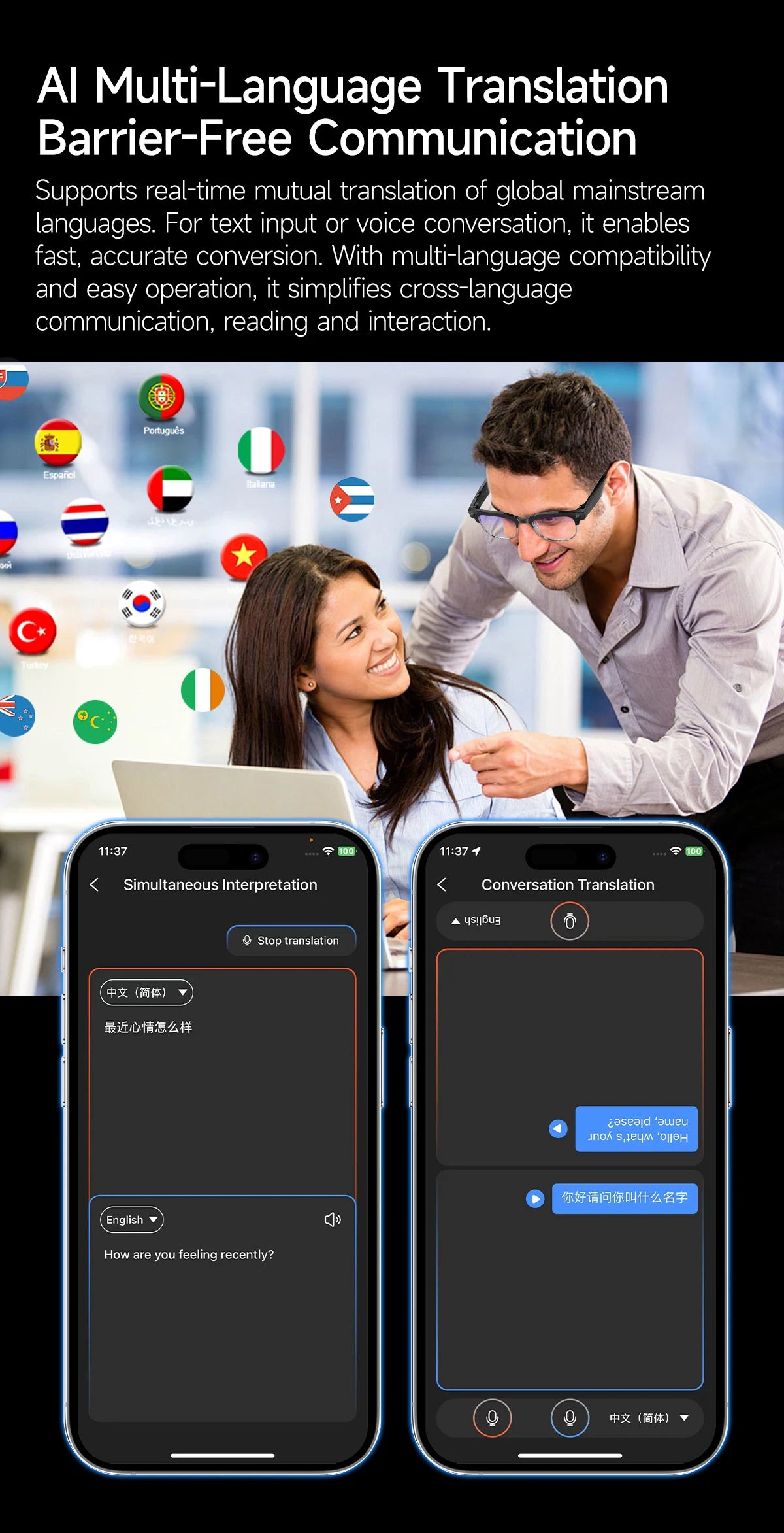 2026 AI Smart Glasses Men with 800W HD Camera Real-time Voice Translation & Call POV Video Recording Smart Eyewear Travel/Vlog