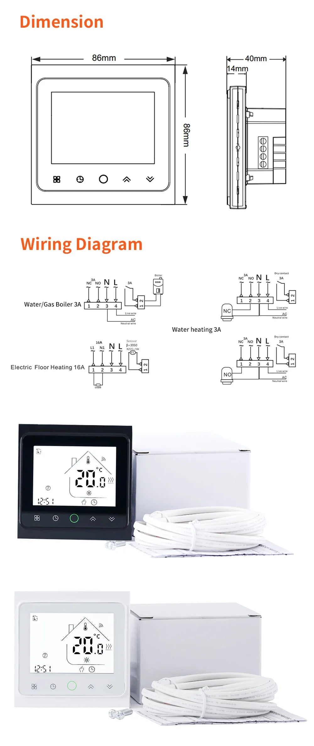 Smart WiFi Thermostat AC230V 3A 16A APP/Voice Control for Floor Heating with Digital LCD Display and Wall Mounted Installation
