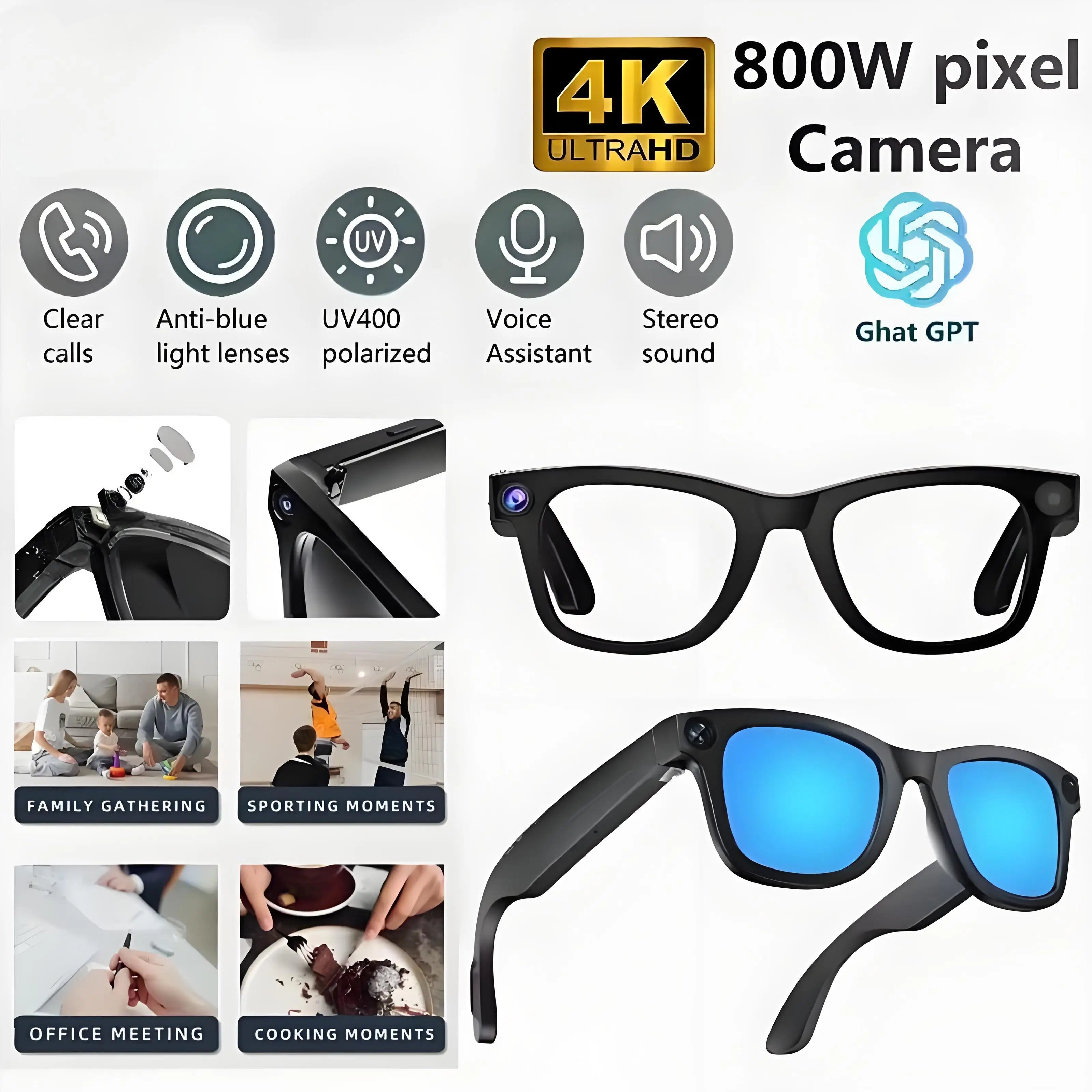 2026 4K Smart AI Glasses 800W pixel AI Shooting Camera HD Photo Video Voice Call Translation Waterproof Bluetooth AI Glasses
