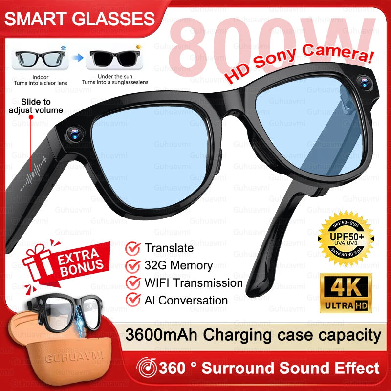 2026 AI Smart Glasses M02 Ultra 1080P HD Camera ChatGPT 3600mAh Charging Case Power Bank 32GB Translation Music Video Sunglasse