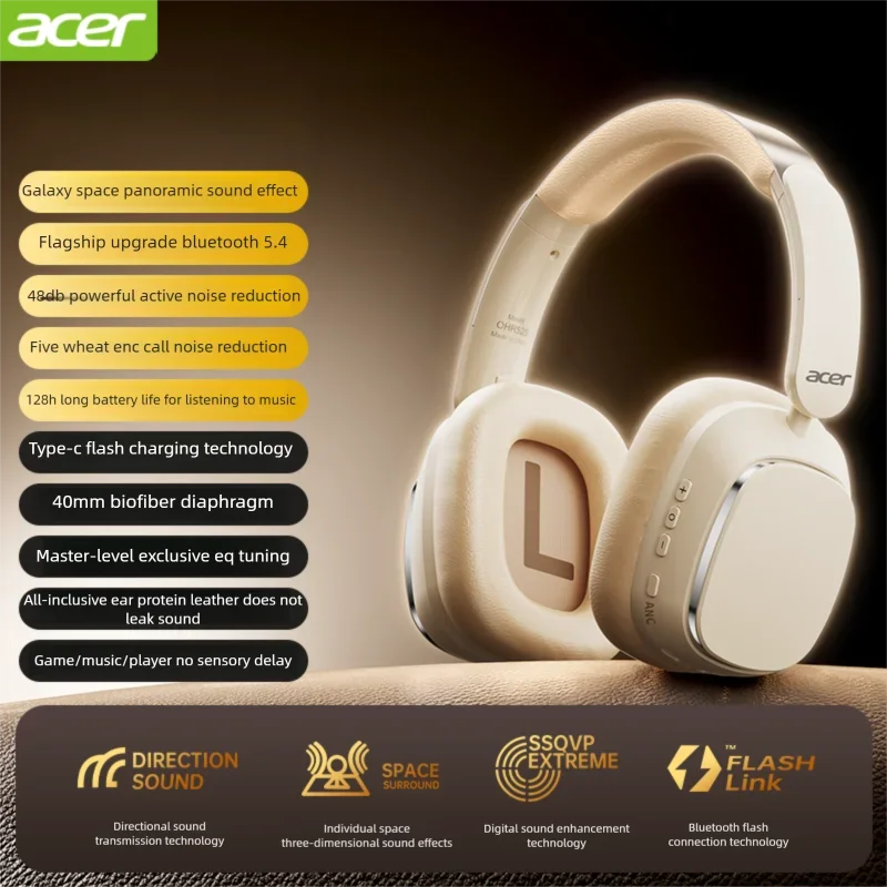 Acer ANC Bluetooth Headphones Surround Sound Headsets with HD Mic Active Noise Cancelling Earphones ENC-Calling 1000mAh OHR525