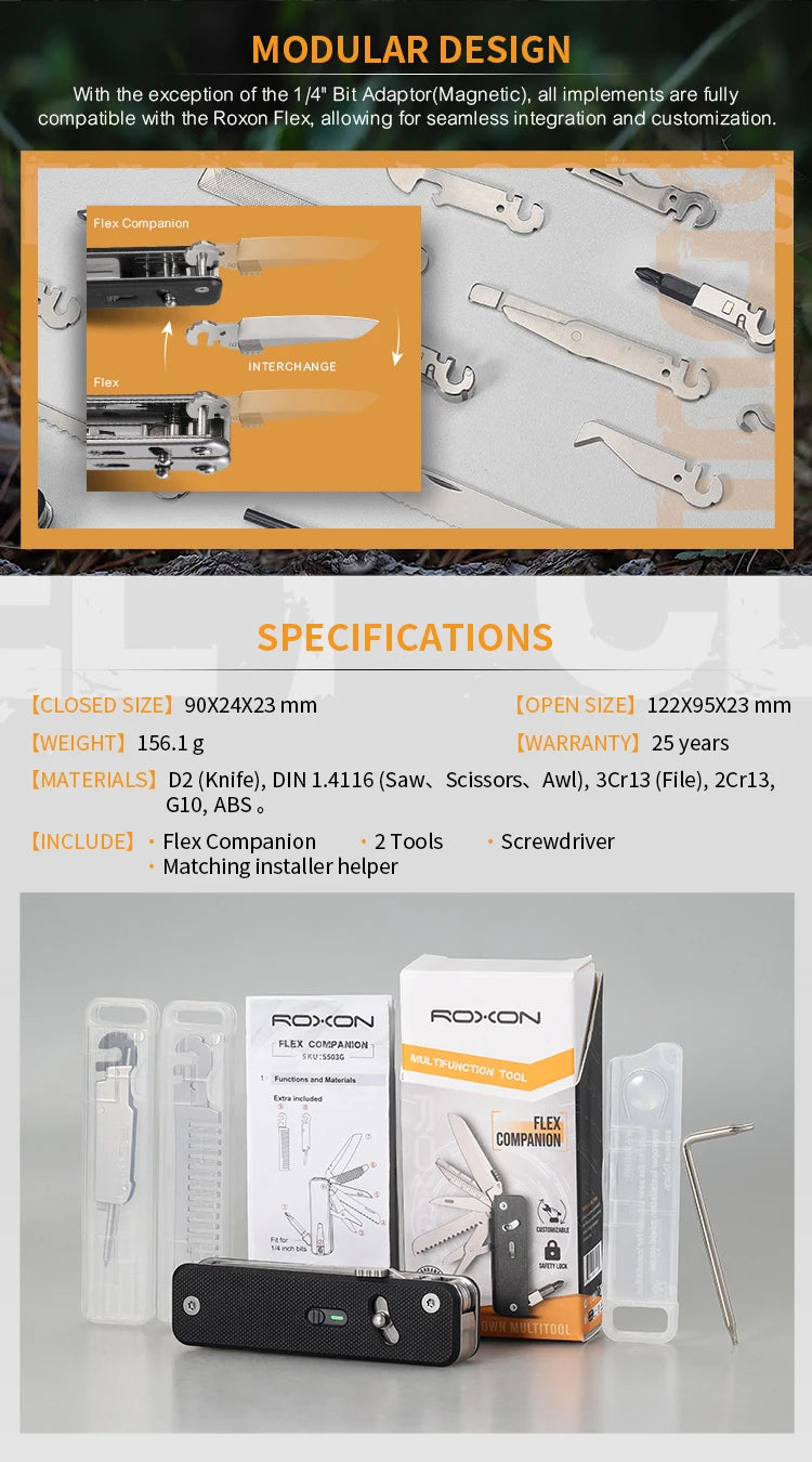 ROXON S503G Flex Companion Tool Modular Design and Customizable Pocket Tool, Preinstalled with 8 Essential Tools (1/4" Bit Drive