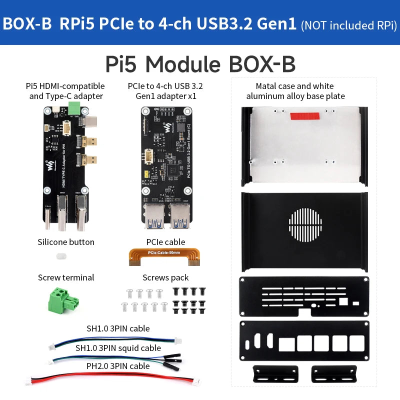 Raspberry Pi 5 All-In-One Mini-Computer Kit PCIe to 4-Ch USB3.2 Gen1 Ports Module BOX Aluminum Alloy Case for RPi 5