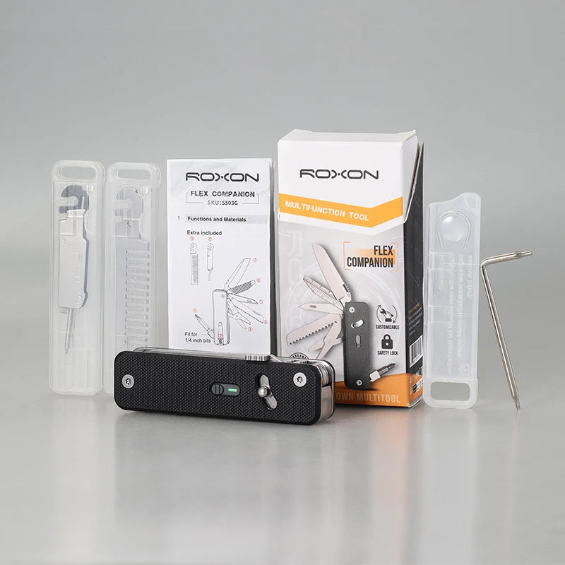 ROXON S503G Flex Companion Tool Modular Design and Customizable Pocket Tool, Preinstalled with 8 Essential Tools (1/4" Bit Drive
