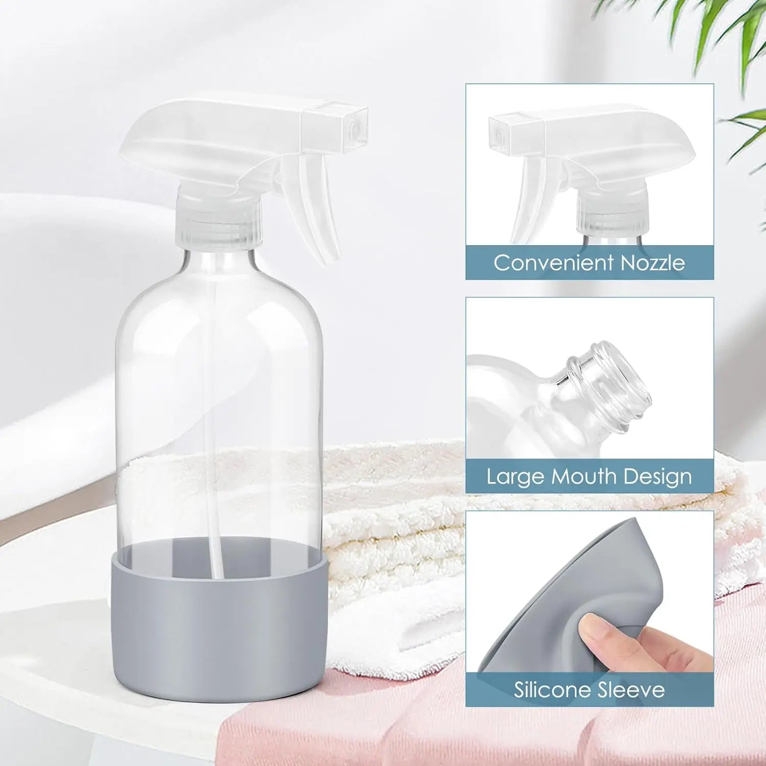 1/2PCS 500ML/16oz Glass Spray Bottle with Silicone Sleeve Empty Clear Bottle Set for Aromatherapy Facial Hydration Hair Care