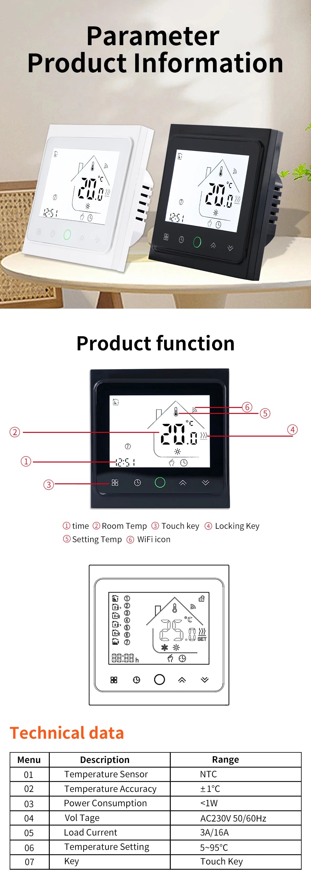Smart WiFi Thermostat AC230V 3A 16A APP/Voice Control for Floor Heating with Digital LCD Display and Wall Mounted Installation