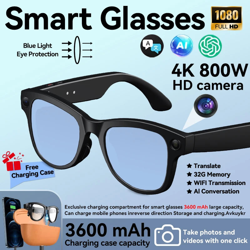 2026 AI Smart Glasses with 8MP Camera Video Recording 120+ Languages Translation Sunglasses Bluetooth Call Music Play Men Women