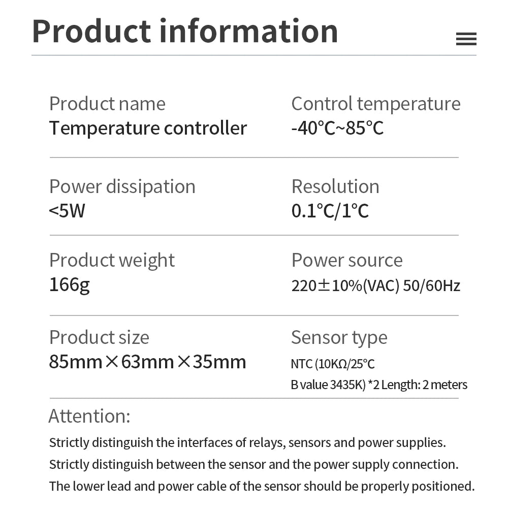 Digital Thermostat for Incubator Temperature Controller Heating Cooling Refrigeration Defrosting Fan Thermostat Relay Sensor
