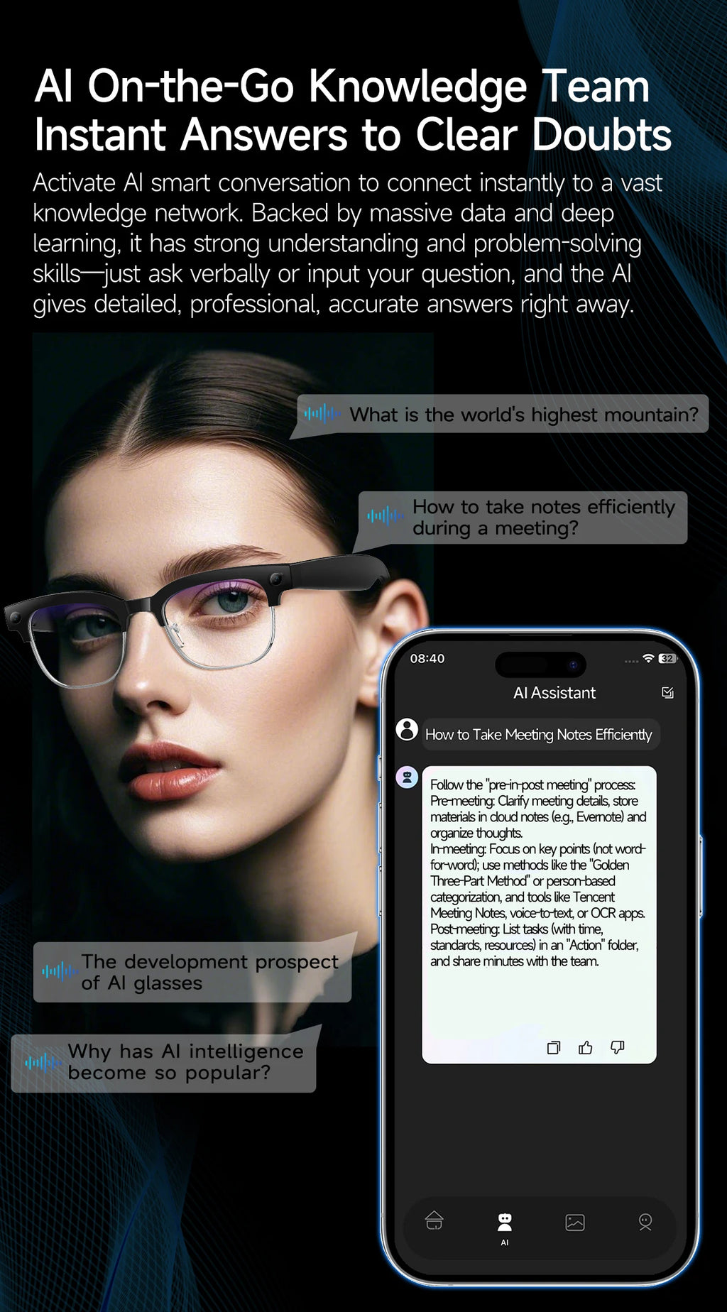 2026 AI Smart Glasses Men with 800W HD Camera Real-time Voice Translation & Call POV Video Recording Smart Eyewear Travel/Vlog