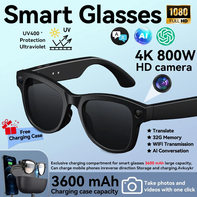 2026 AI Smart Glasses with 8MP Camera Video Recording 120+ Languages Translation Sunglasses Bluetooth Call Music Play Men Women