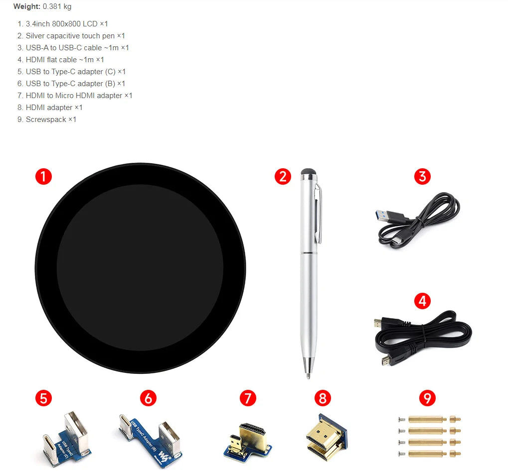 Raspberry Pie 5inch HDMI Round Touch Display, 1080 × 1080, IPS, 10-Point Touch, Optical Bonding Toughened Glass Panel 3.4/4inch