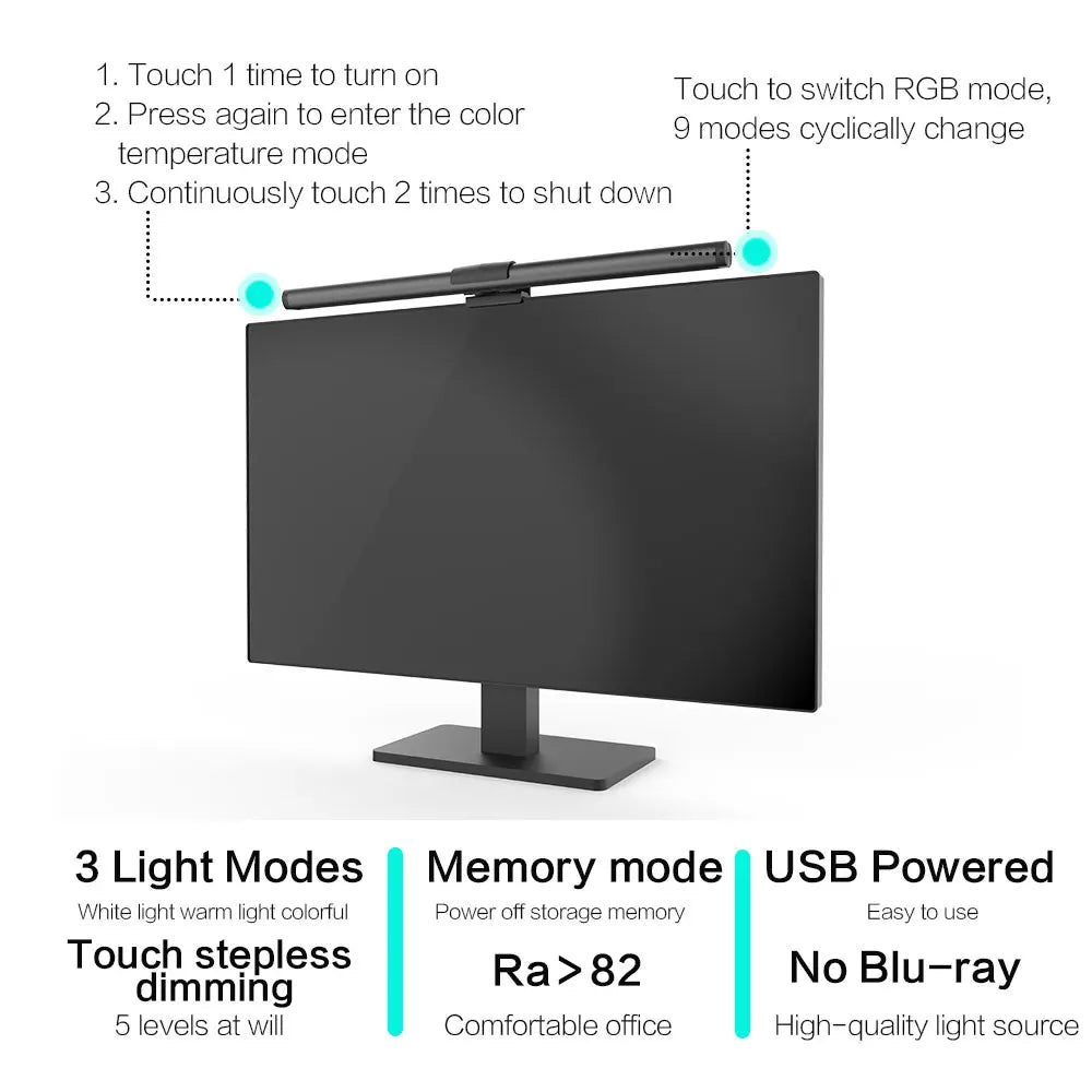 30CM RGB Screen Hanging Light Bar for Computer Laptop Gaming Work Stepless Dimming Eye Protection
