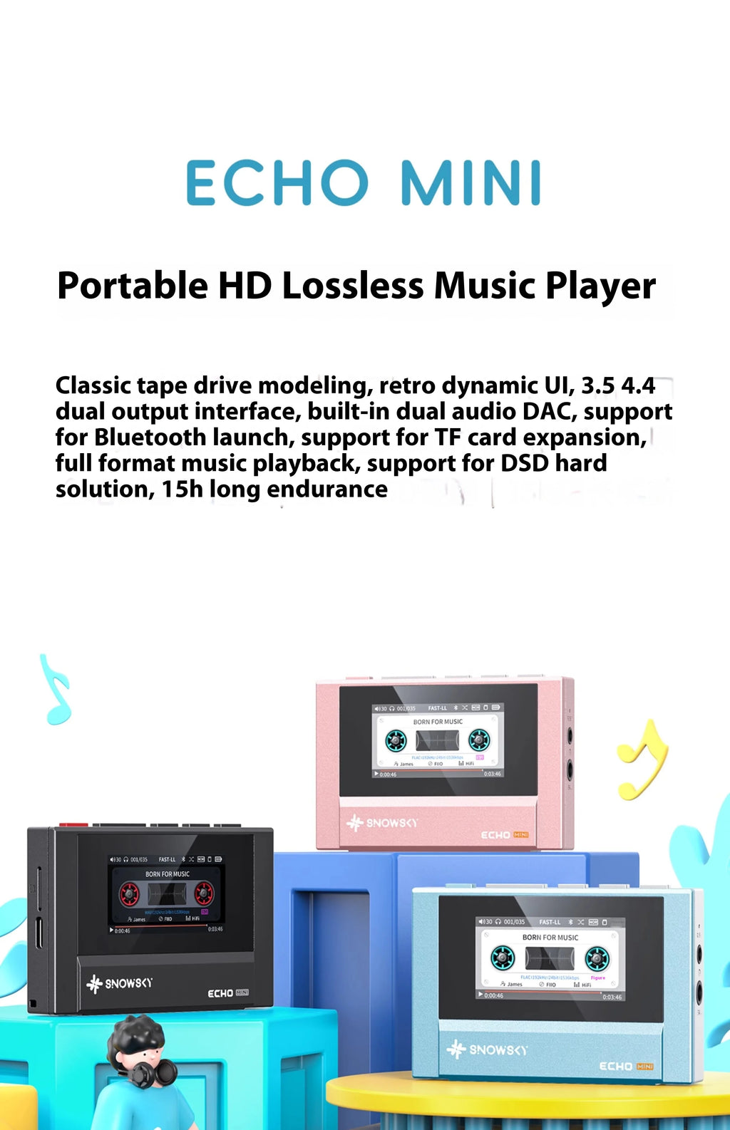 FIIO SnowSky ECHO MINI Wireless Bluetooth MP3 Player Portable Audio LCD Custom Mini Music Player for Music Lovers Gift Idea
