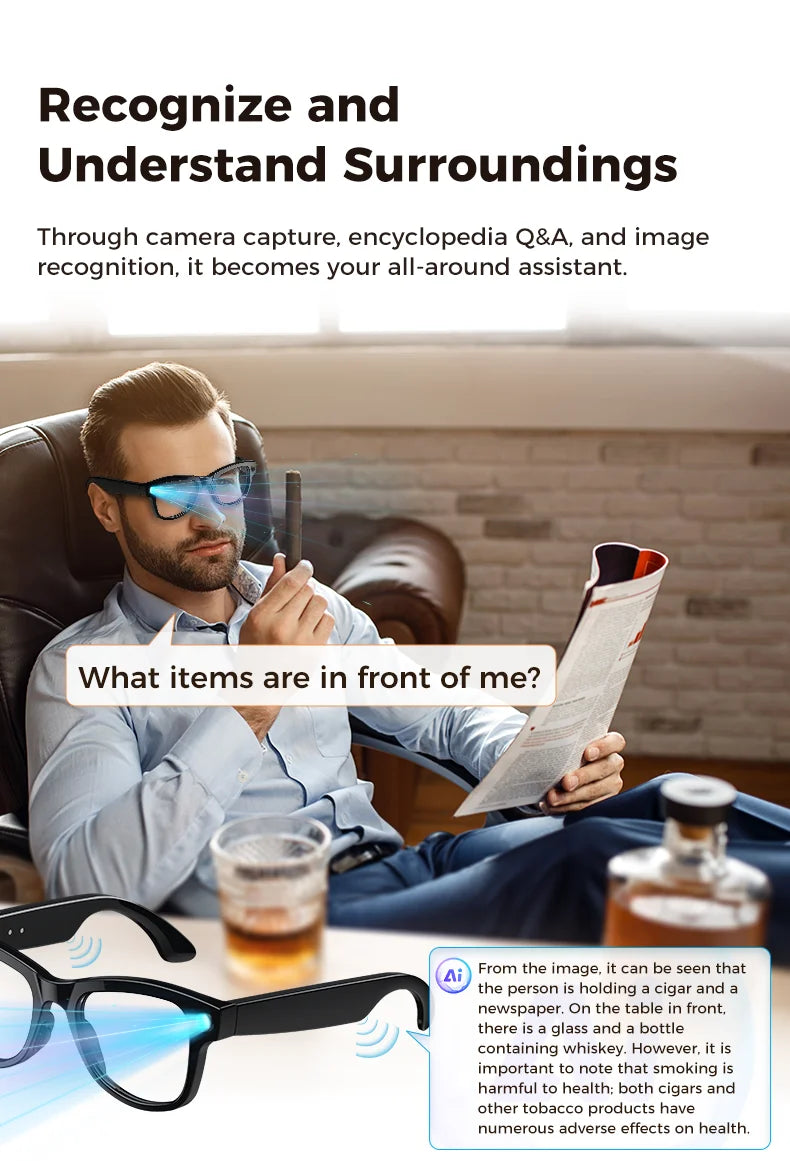 2026 AI Smart Glasses M02 Ultra 1080P HD Camera ChatGPT 3600mAh Charging Case Power Bank 32GB Translation Music Video Sunglasse