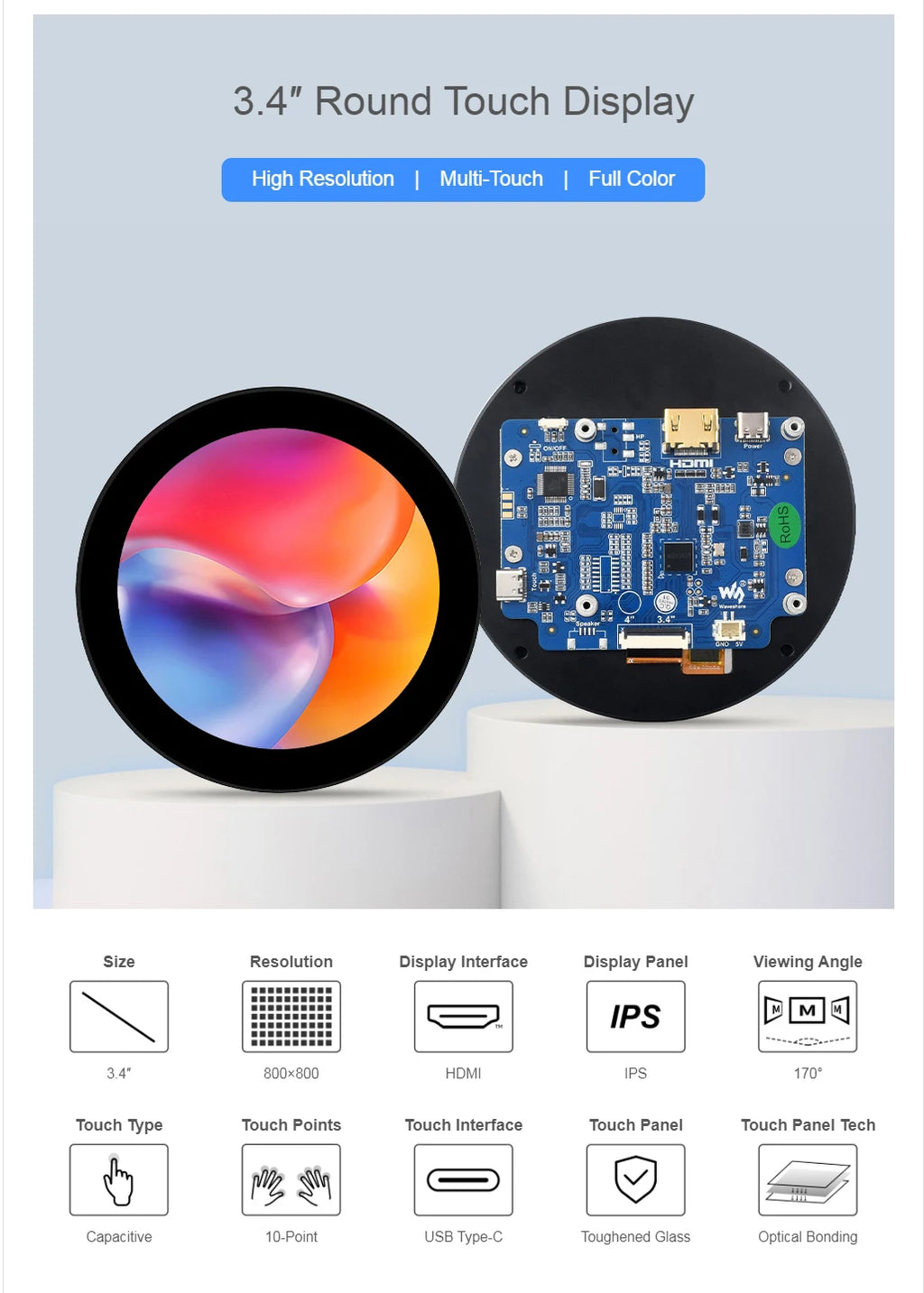 Raspberry Pie 5inch HDMI Round Touch Display, 1080 × 1080, IPS, 10-Point Touch, Optical Bonding Toughened Glass Panel 3.4/4inch