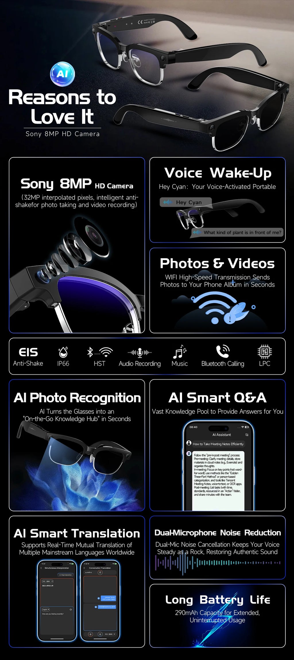 2026 AI Smart Glasses Men with 800W HD Camera Real-time Voice Translation & Call POV Video Recording Smart Eyewear Travel/Vlog