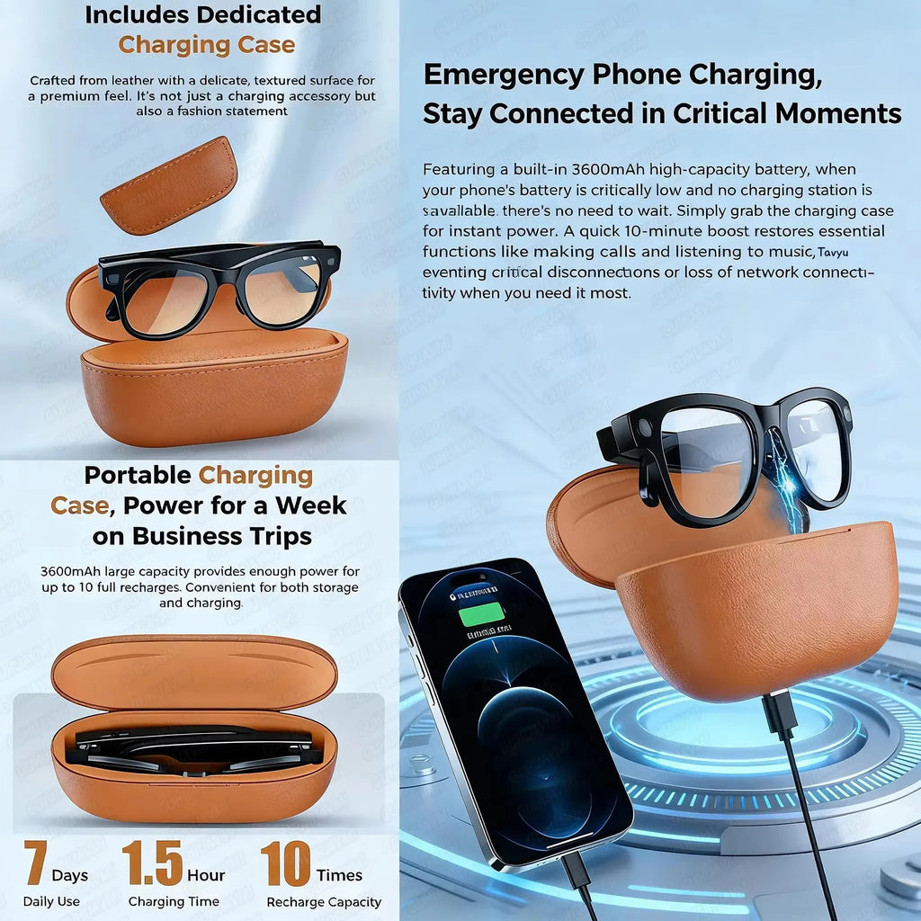 2026 AI Smart Glasses M02 Ultra 1080P HD Camera ChatGPT 3600mAh Charging Case Power Bank 32GB Translation Music Video Sunglasse