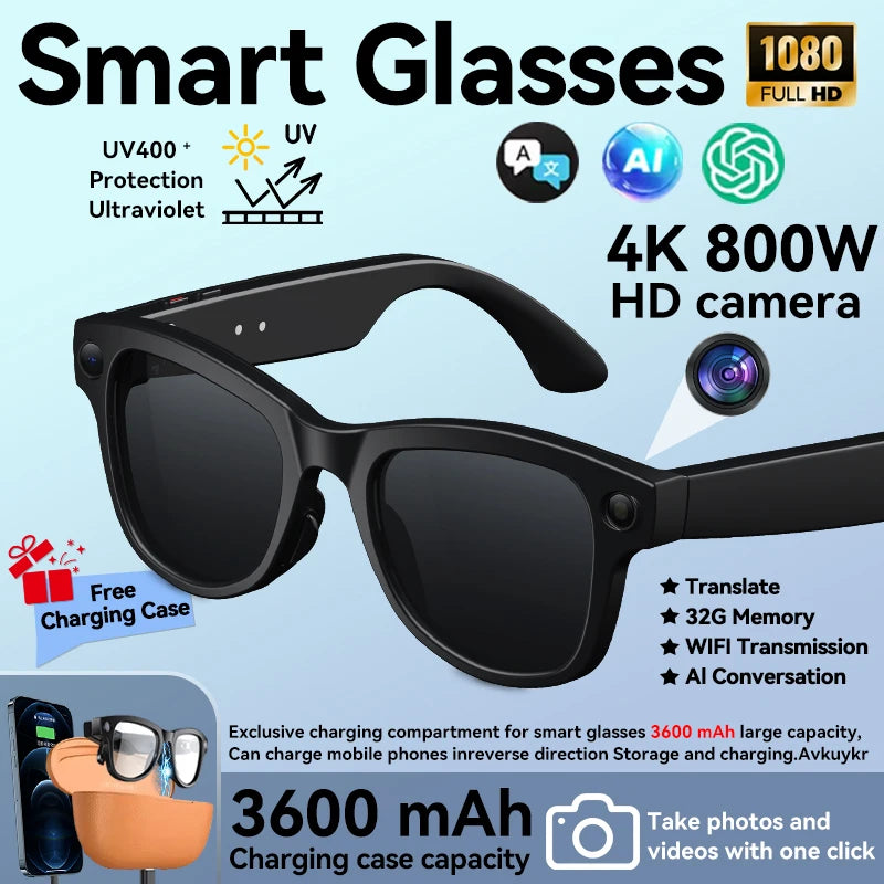2026 AI Smart Glasses with 8MP Camera Video Recording 120+ Languages Translation Sunglasses Bluetooth Call Music Play Men Women