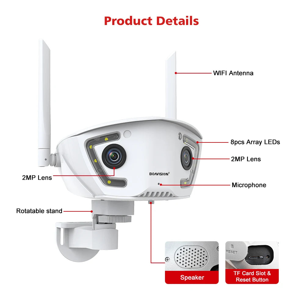 Wifi Surveillance Camera Outdoor 4MP POE Dual Lens 180° Ultra Wide Angle AI Human Detection Security Camera Camhipro APP
