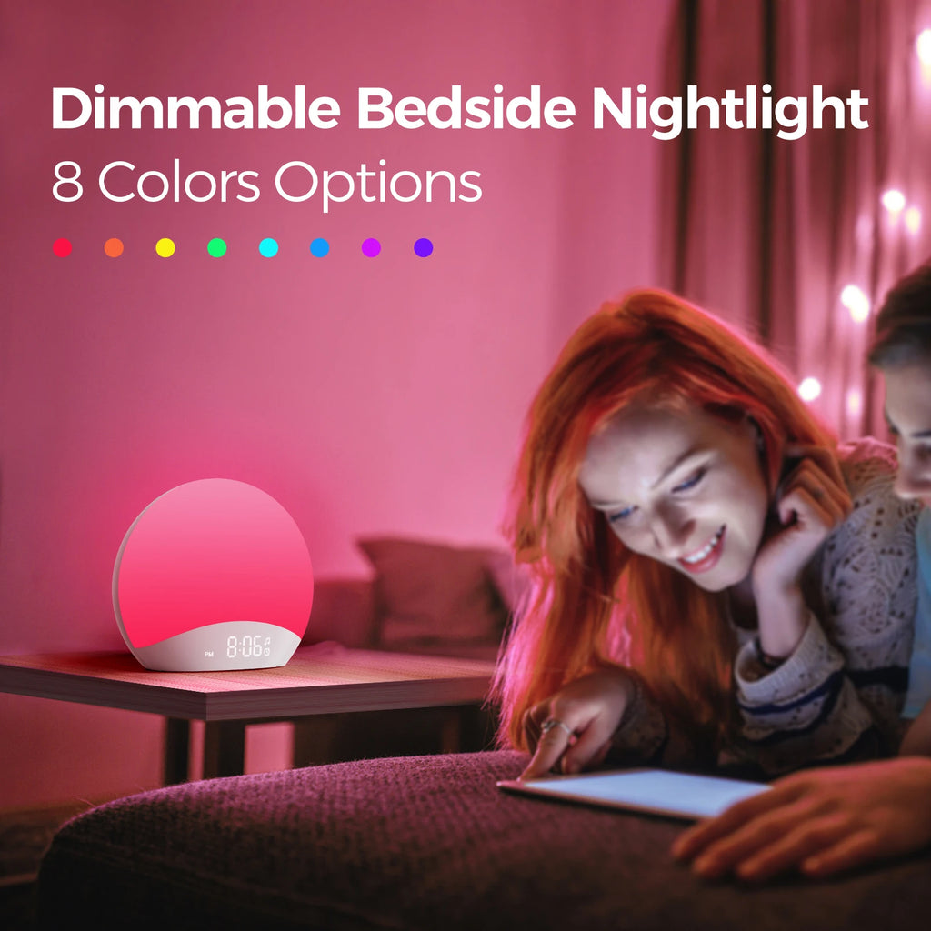 Awakening Wake Up Sunrise Alarm Clock Table Clock Dimmable with 3 Ring 8 Nightlight 26 Sound Sleep Timer Night Light