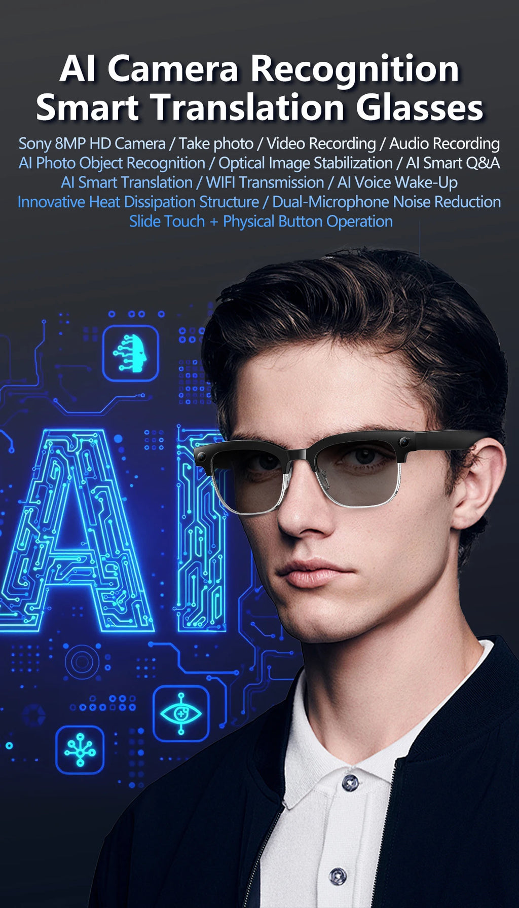 2026 AI Smart Glasses Men with 800W HD Camera Real-time Voice Translation & Call POV Video Recording Smart Eyewear Travel/Vlog