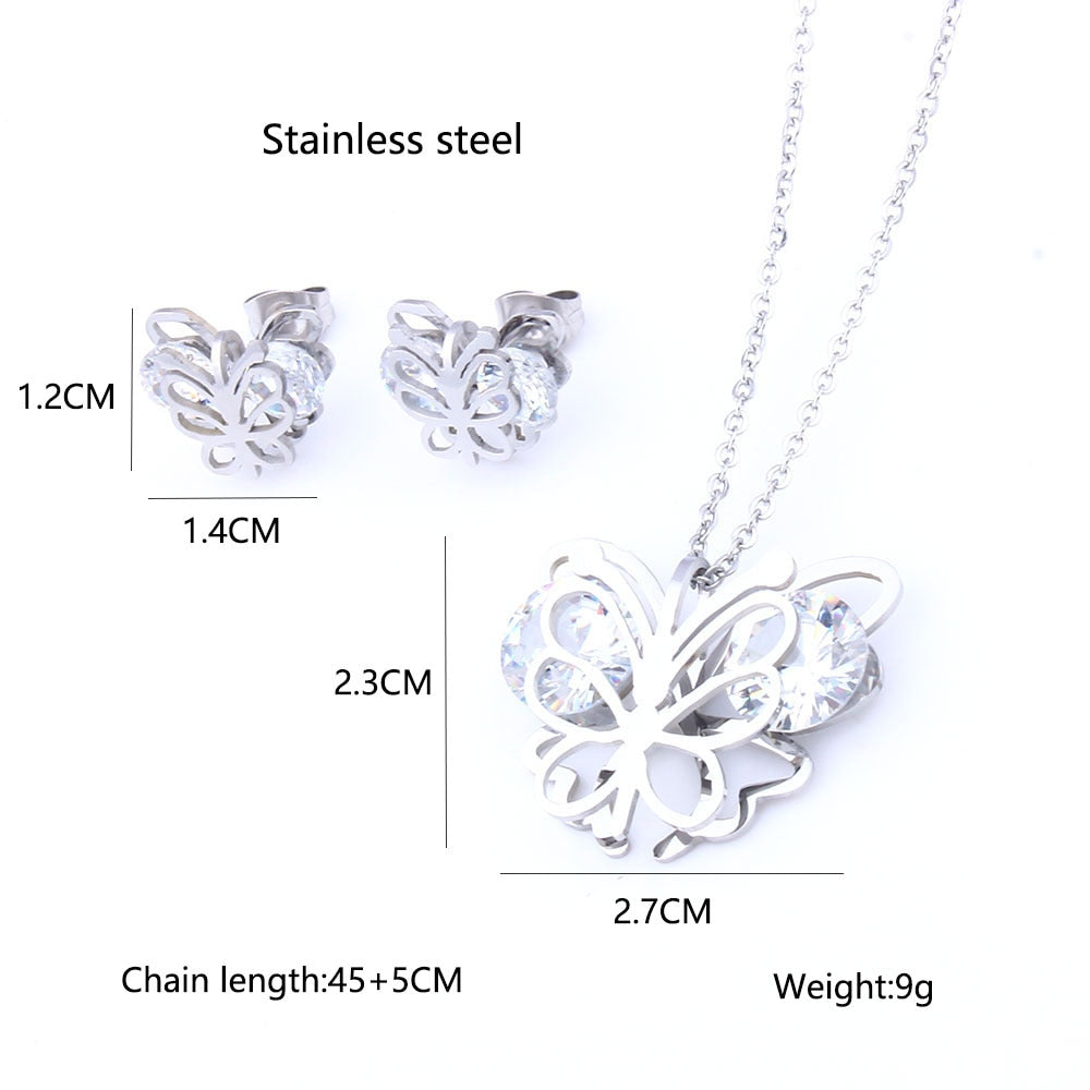 Stainless Steel Butterfly Jewelry  Butterfly-themed Jewelry Sets  Nature-Inspired Jewelry Ensemble  Stainless Steel Winged Beauty Set  Elegant Butterfly Accessories  Stainless Steel Jewelry Collection  Matching Butterfly Jewelry Set  Timeless Stainless Steel Jewels  Butterfly Charm Jewelry Set  Stainless Steel Nature Jewelry  Durable Butterfly Accessories